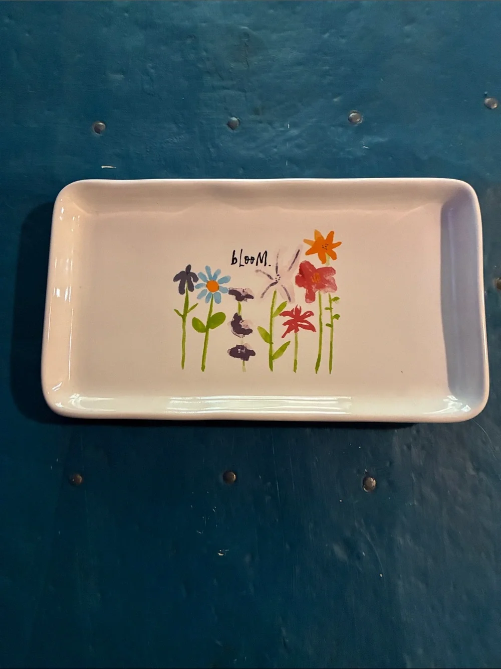 Rae Dunn White Ceramic Vanity Tray with Colorful Floral 'Bloom' Design